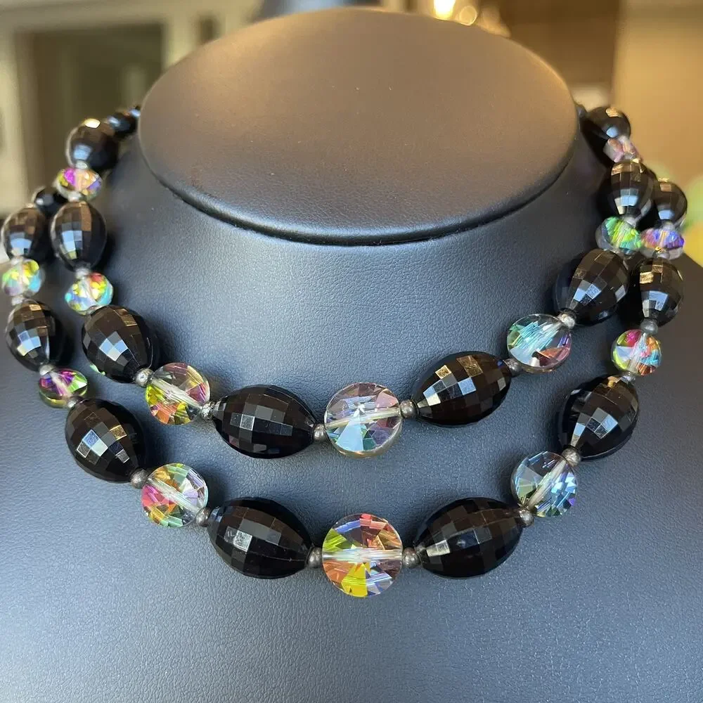 Vintage 2 Strand Black Faceted Beads Oval Peacock AB Color Beaded Necklace 16